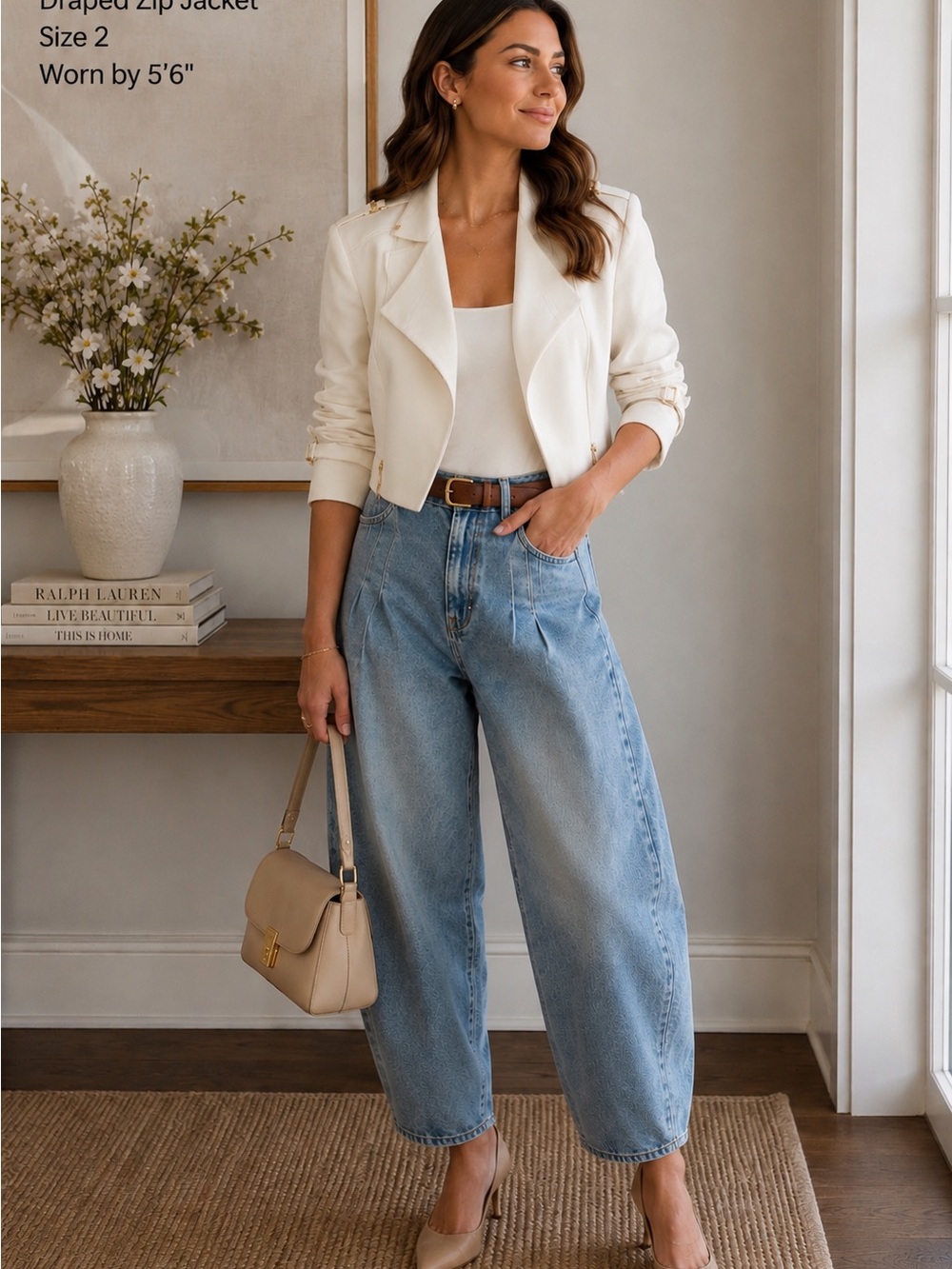 Calvin Klein Cream Tailored Moto Blazer with Gold Zippers